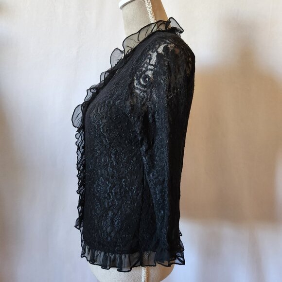 Uniform John Paul Richard Women's Size M Black Sheer Ruffle Lace Faux Button Top - Picture 9 of 13